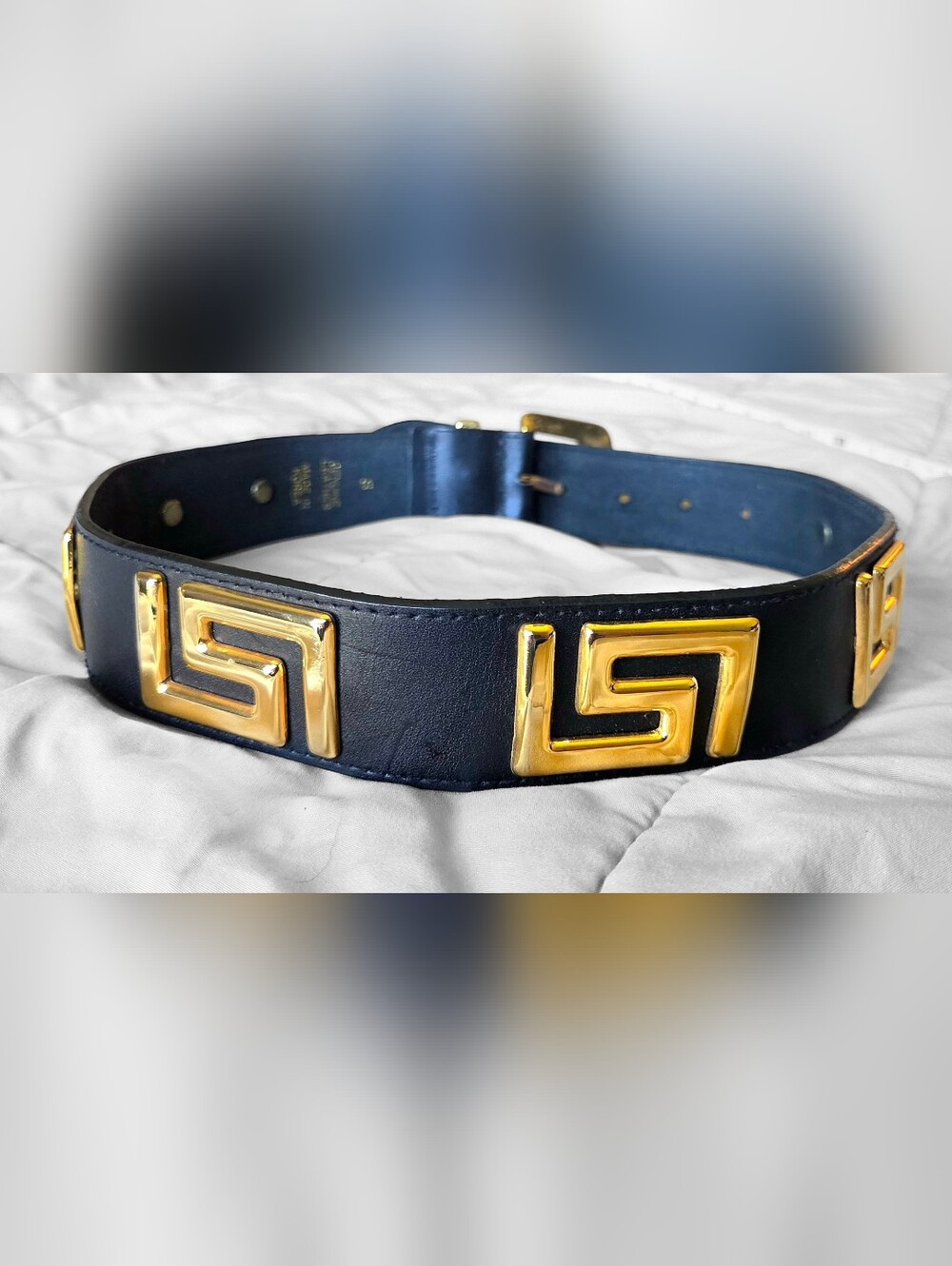 Vtg Y2K Express Compagnie Internationale Genuine Leather Greek Key Belt Black - Picture 9 of 16